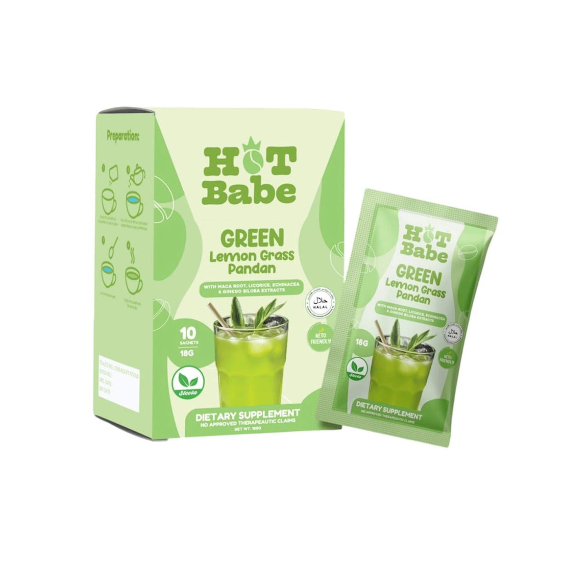 HOT BABE GREEN LEMON GRASS PANDAN PER 180G PACK (10X18G SACHETS)